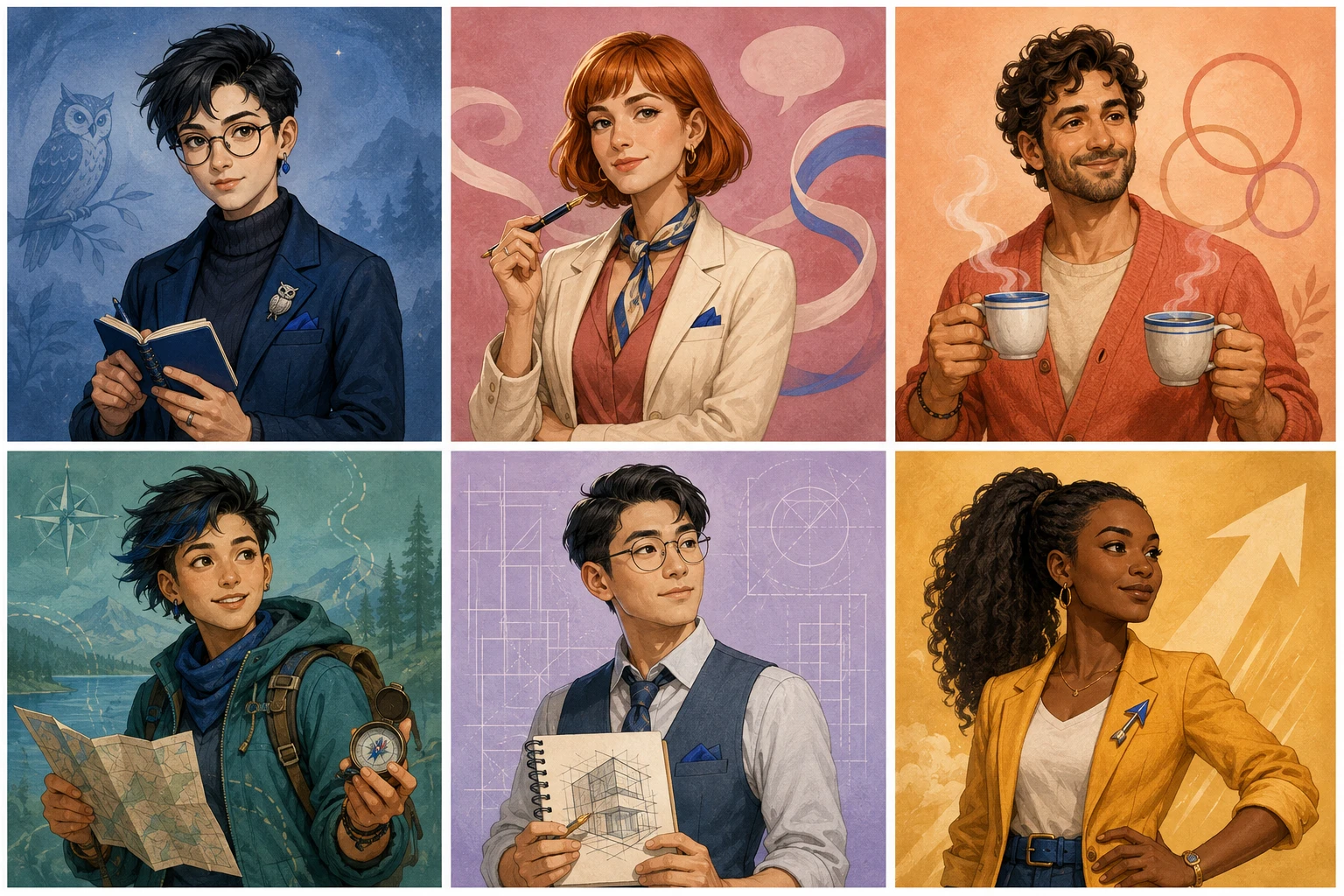 Six illustrated handwriting personality characters: Observer, Communicator, Connector, Explorer, Architect, and Driver