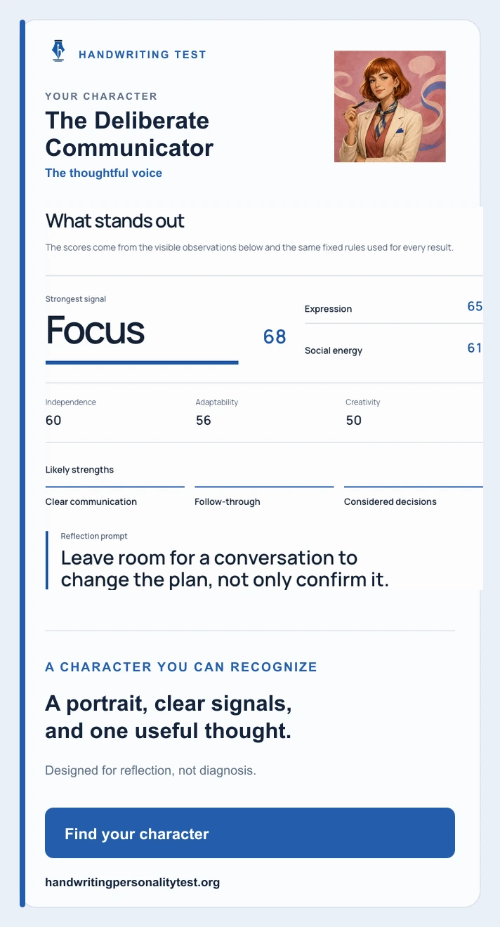 Handwriting personality result report showing a Deliberate Communicator character, signature traits, strengths, and reflection prompt